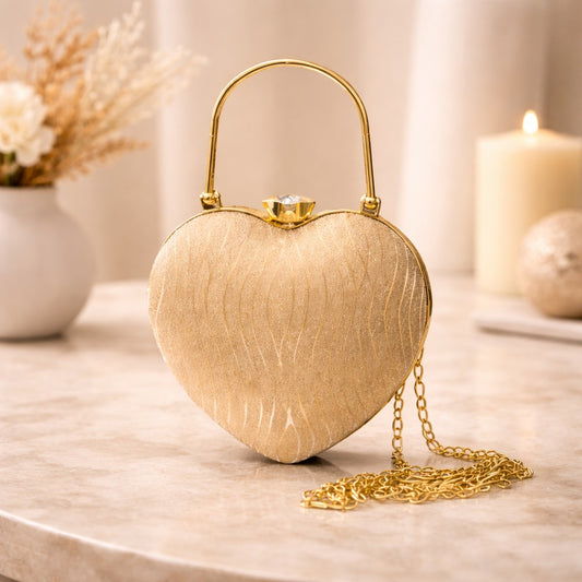 Luxury Gold Heart-Shaped Evening Clutch with Crystal Clasp & Chain Strap