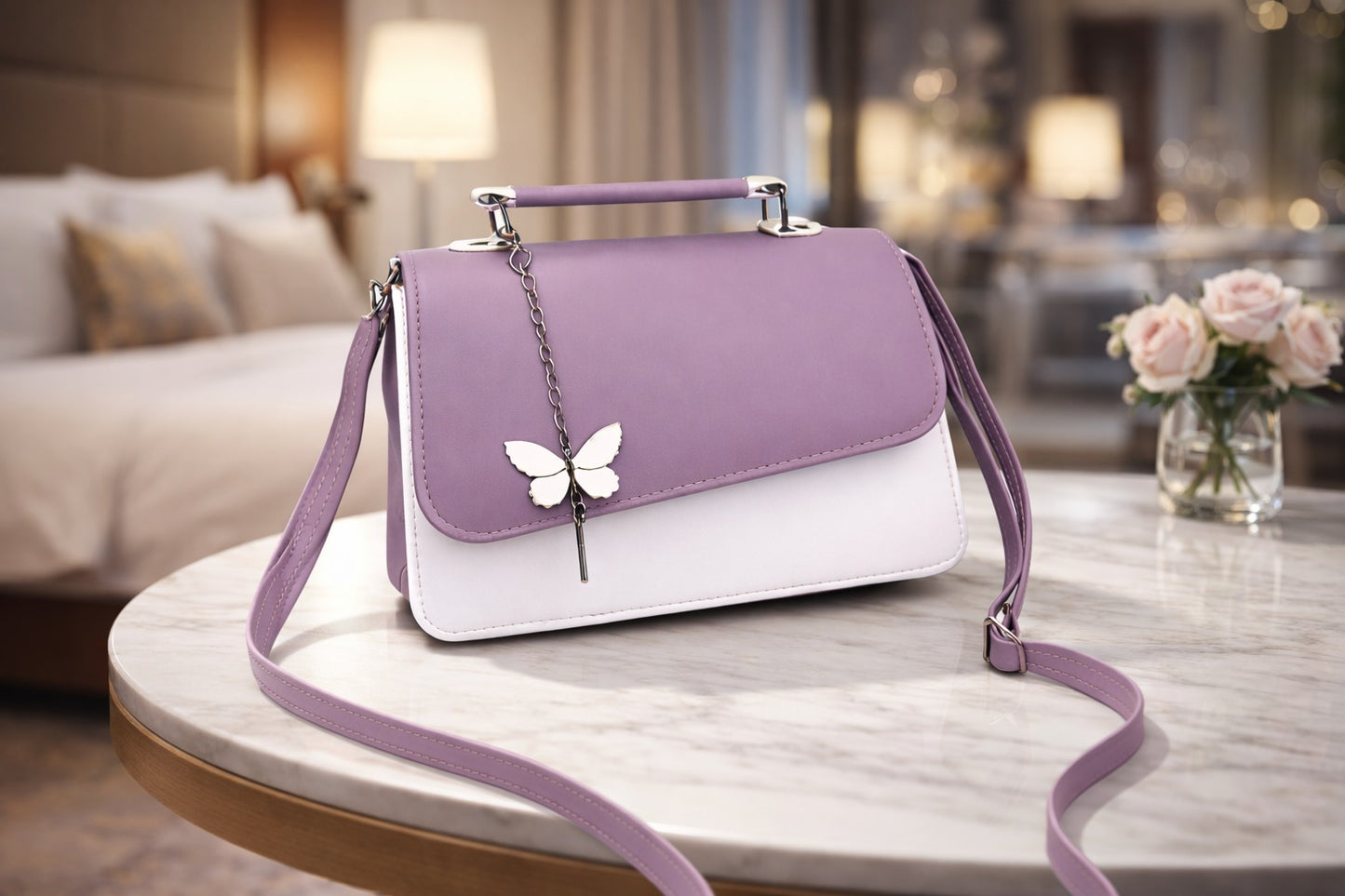 Chic Two-Tone Butterfly Accent Crossbody & Top Handle Bag