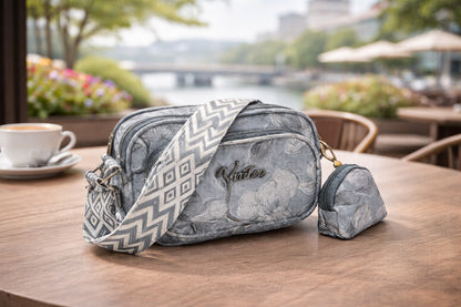 Elegant Floral Crossbody Bag with Adjustable Patterned Strap & Mini Coin Pouch
