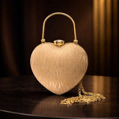 Luxury Gold Heart-Shaped Evening Clutch with Crystal Clasp & Chain Strap