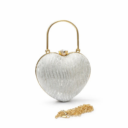 Luxury Silver Heart Shape Clutch – Designer Party Handbag with Gold Handle