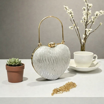 Luxury Silver Heart Shape Clutch – Designer Party Handbag with Gold Handle