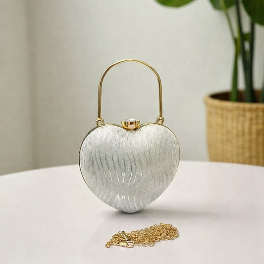 Luxury Silver Heart Shape Clutch – Designer Party Handbag with Gold Handle