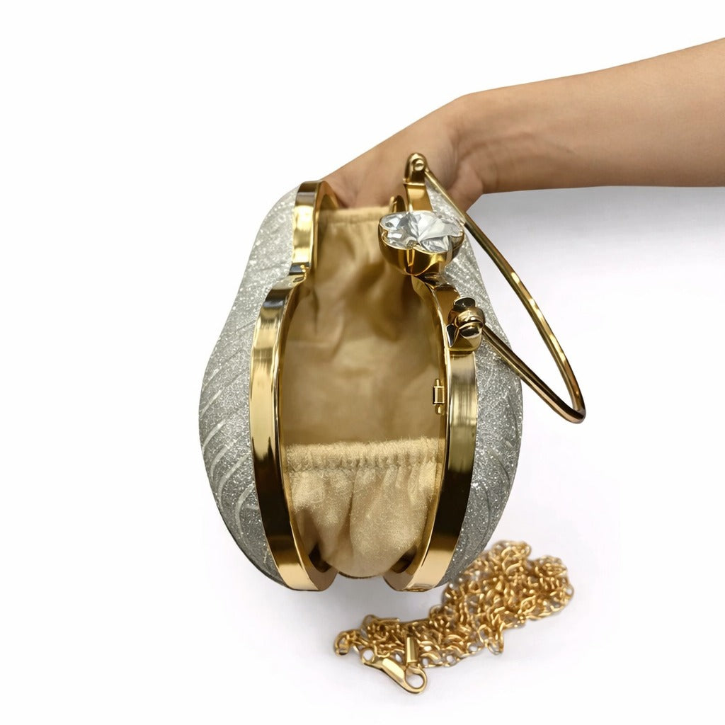 Luxury Silver Heart Shape Clutch – Designer Party Handbag with Gold Handle