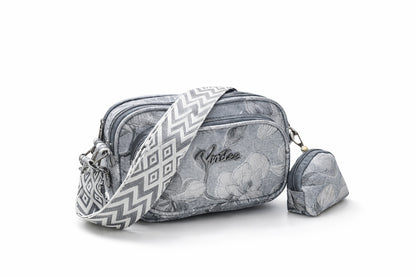 Elegant Floral Crossbody Bag with Adjustable Patterned Strap & Mini Coin Pouch